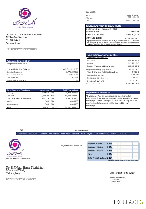 Relevé hypothécaire de la banque Iran Zamin aux formats Word et PDF